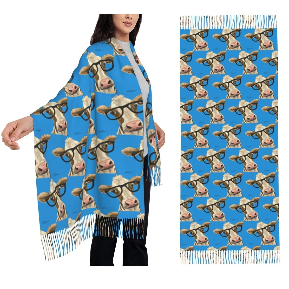 

Милая корова, корова в очках Художественный шарф Шарфы с кисточками Женские мягкие теплые шали и накидки Большая осенне-зимняя шаль