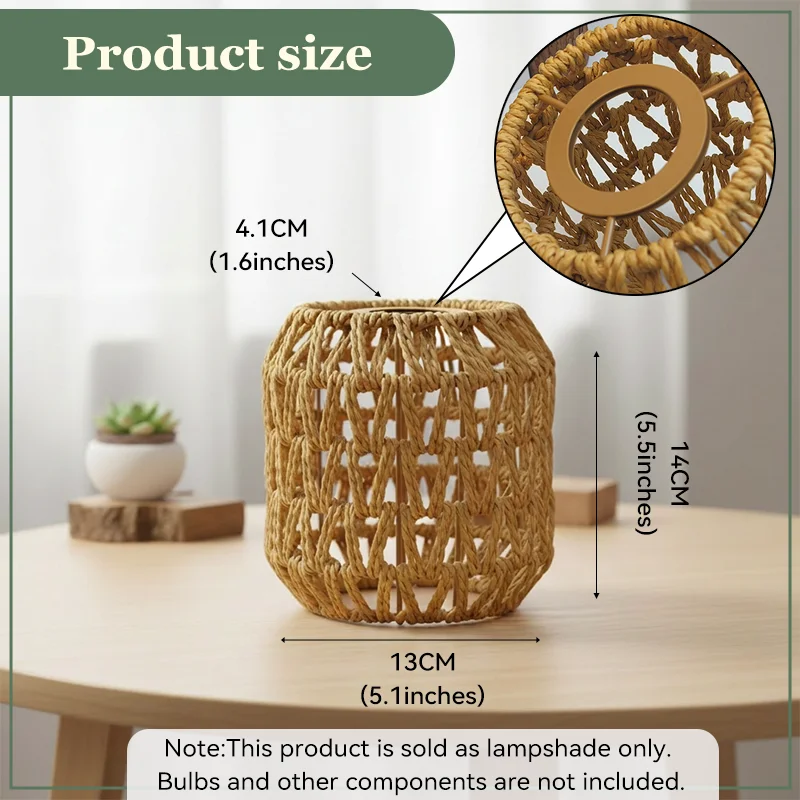 Hand Woven Paper Rope Lampshade Boho DIY Pendant Light Cover Retro Cylinder Lamp Shade Wall Ceiling Home Cafe Decor