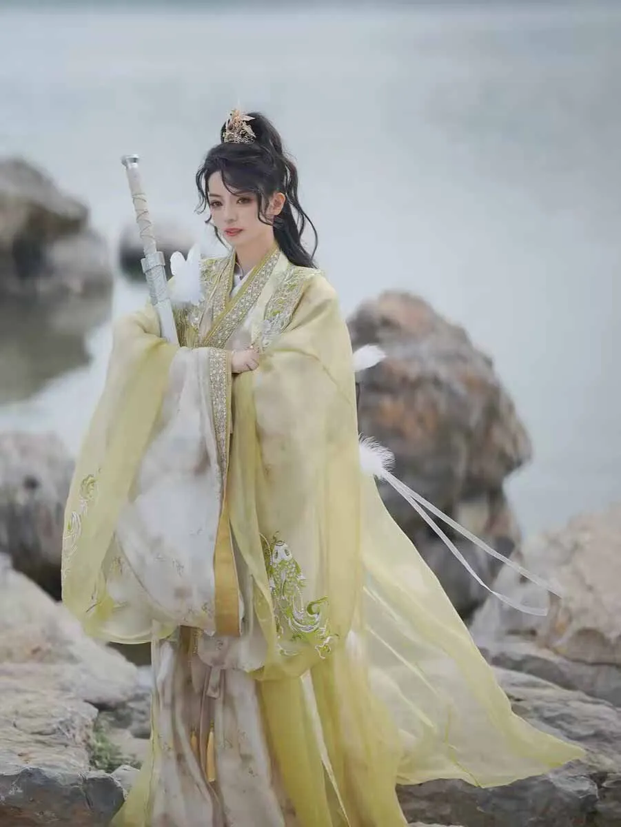 Wuxia Swordsman Hanfu Outfit Men  Gradient Yellow Embroidery Wide Sleeve Robe Fairy Cosplay Costume Traditional Tang Suit Women view 5
