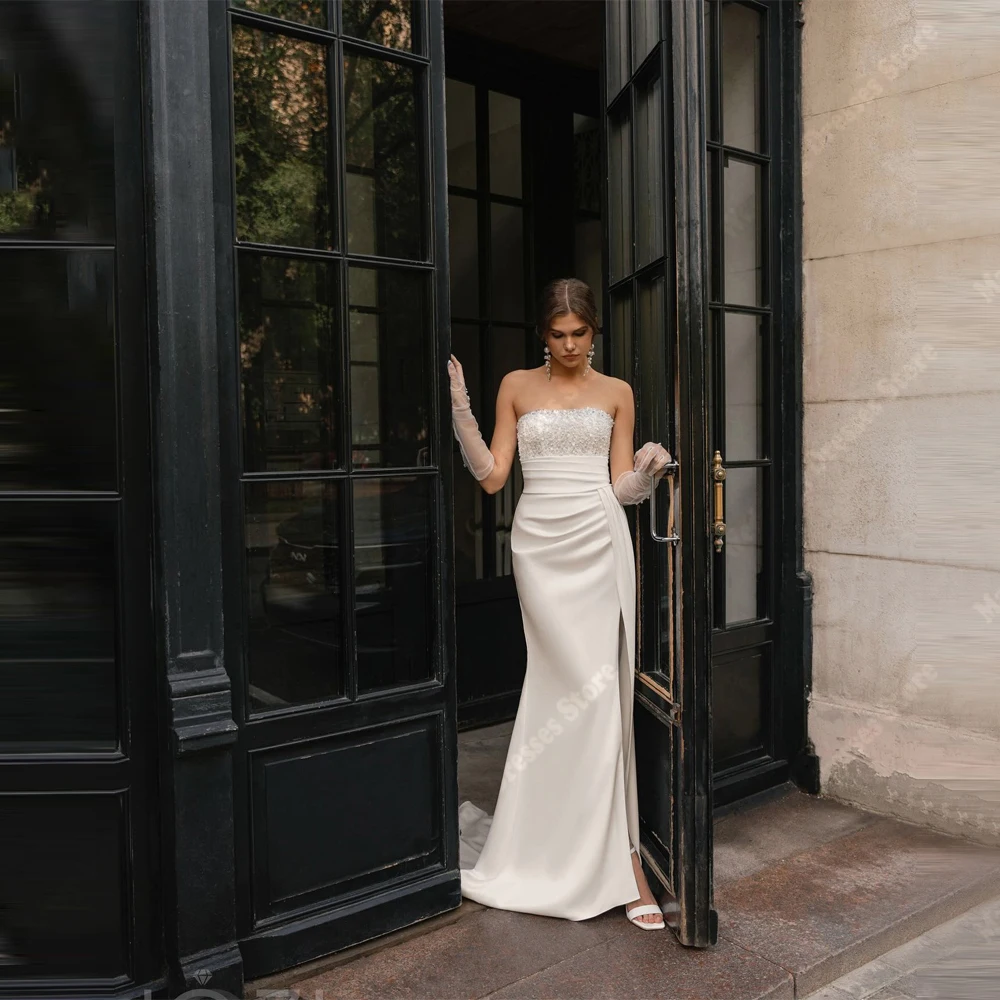 2025 セクシーなマーメイドのウェディングドレスシンプルなサテンのブライダルドレスノースリーブ手袋なしカクテルパーティー Vestido デノビアカスタマイズ