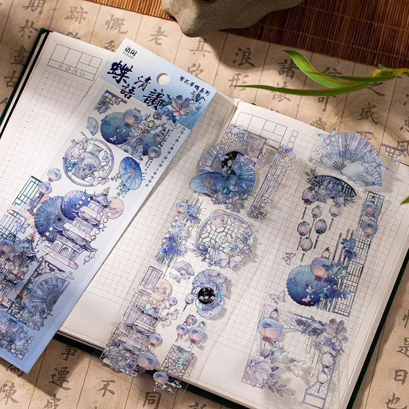Classic Flower Pattern Hot Foil PET Stickers 3 Sheets , Chinese Style DIY Collage Stickers For Student Planner Diary Decor