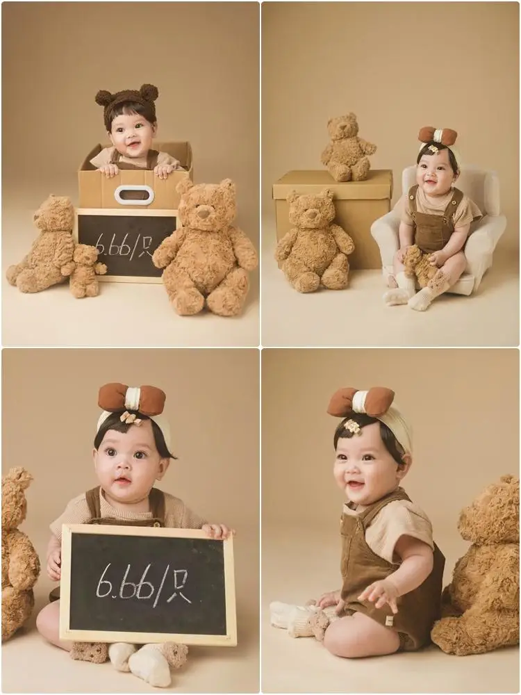 Tema ursinho de pelúcia adereços traje, macacão marrom, doce fotografia, bebê de um ano, cem dias