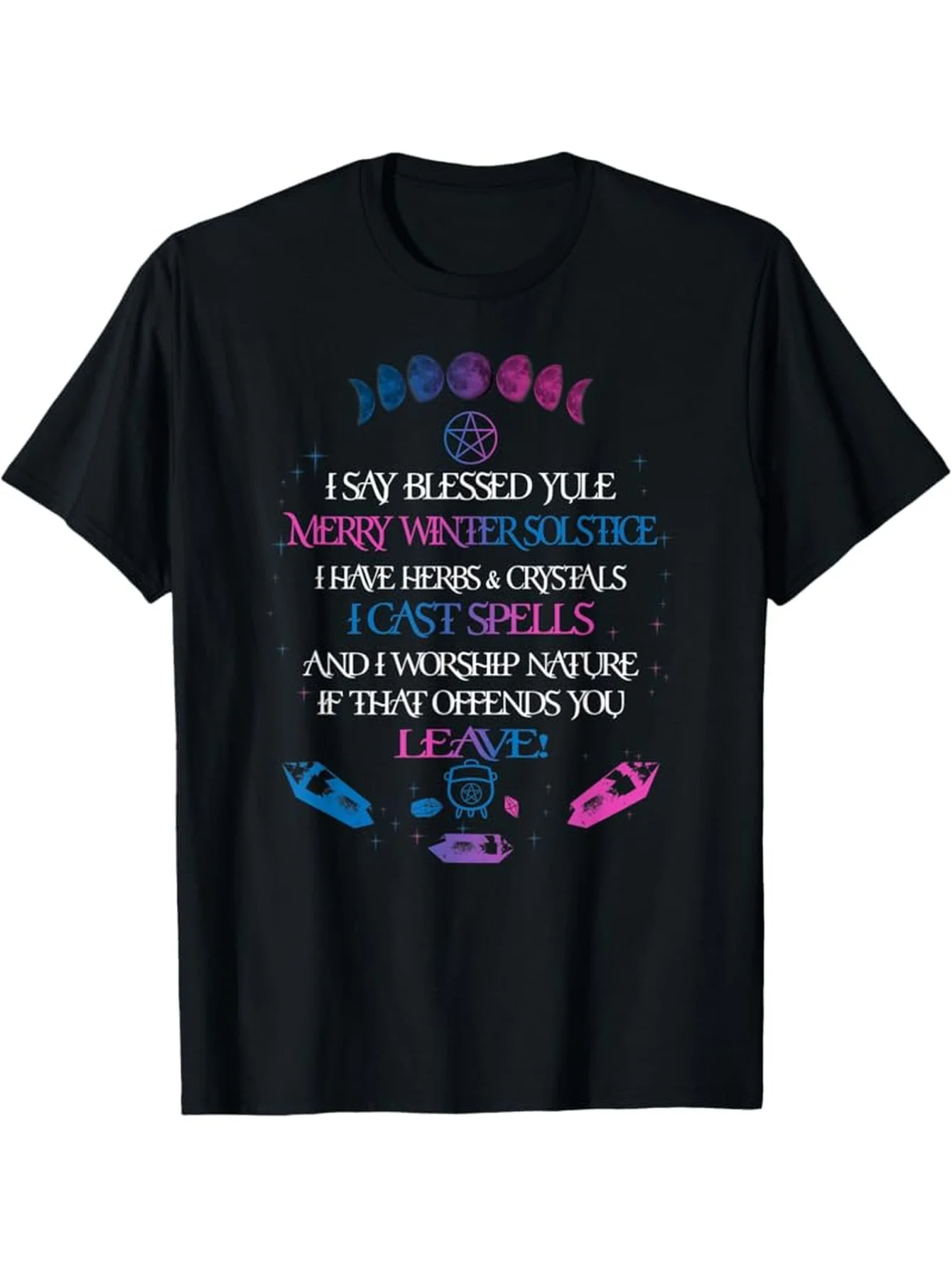 Merry Solstice & Cast Spells Leave! Festive Yule Celebration T-Shirt 100% Cotton O-Neck Short Sleeve Summer Casual Mens T-shirt
