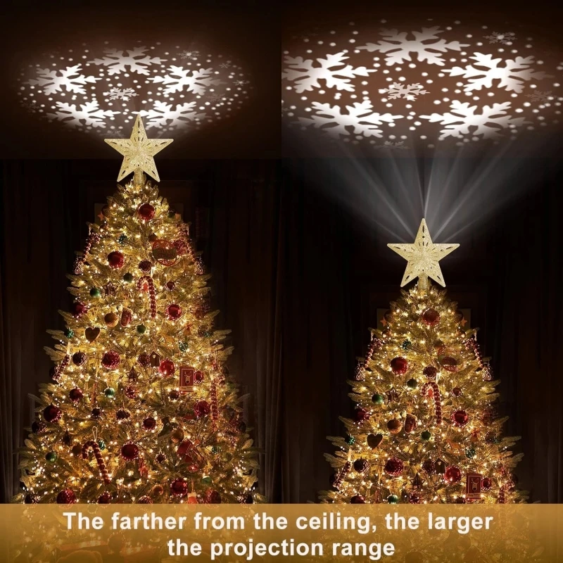 Christmas Tree Topper Decor Glitter Gold Star LED Lamp Rotating Snowflake Projector  Christmas Tree Ornaments Holiday Party