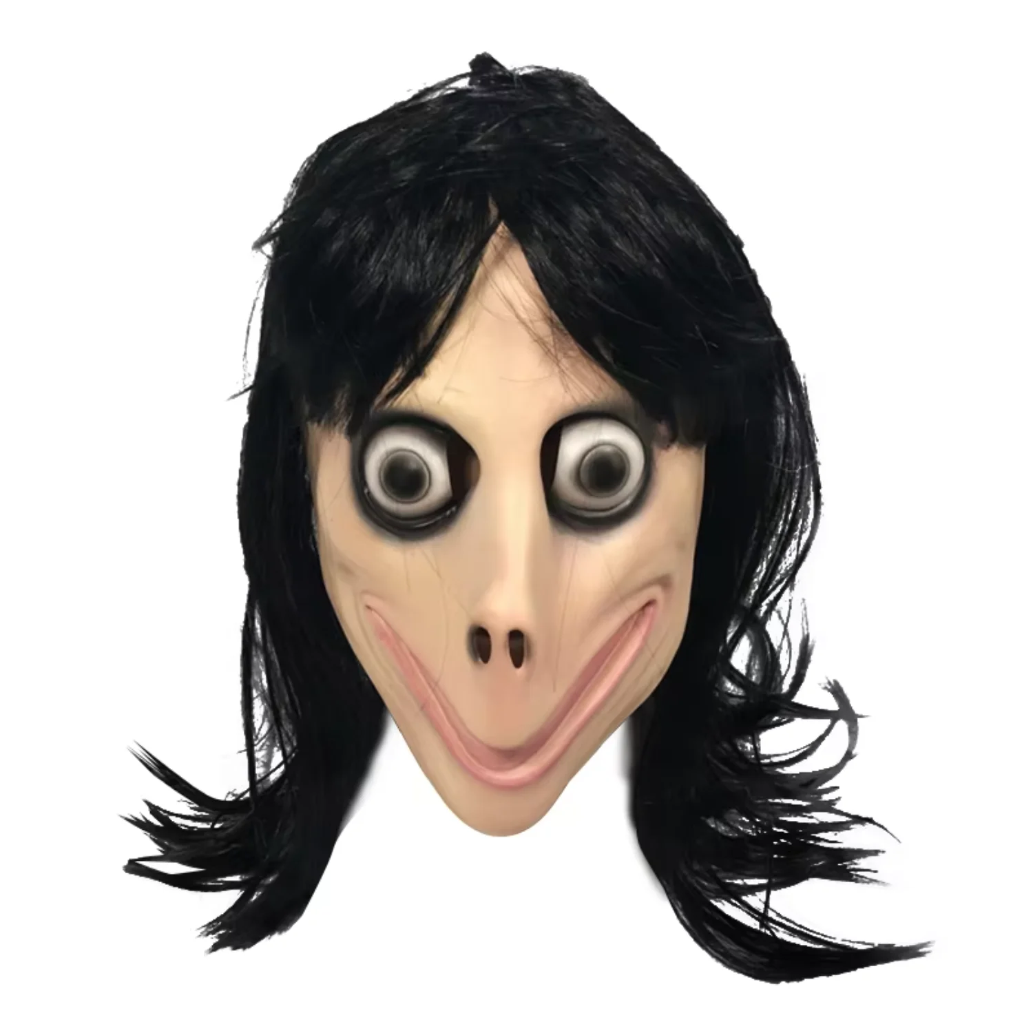 Full Head Scary Momo HackGame Latex Mask Big Eye with Long Wigs MOMO MASK Halloween Costume Theme  Masks