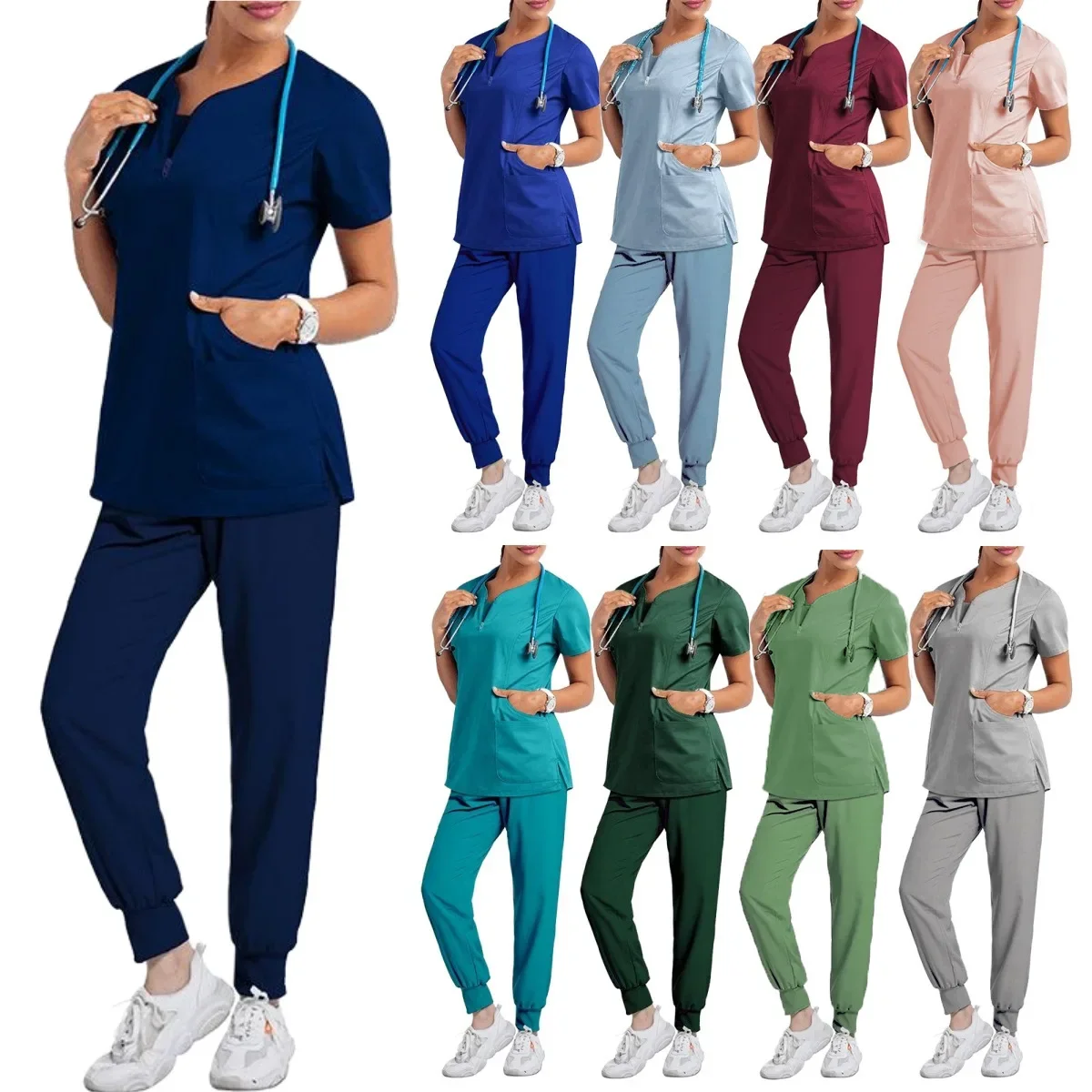 Women Essential Jogger Scrub Set with Regular Sizes Medical Uniform Men Modern V-Neck Scrub Top Dental Clinic Nurse Suit 266