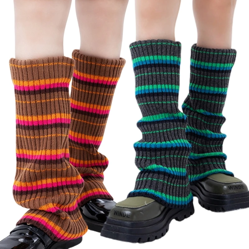 

Aesthetic Ribbed Knit Leg Sleeves for Party Clubwear Colorful Striped Leg Warmer