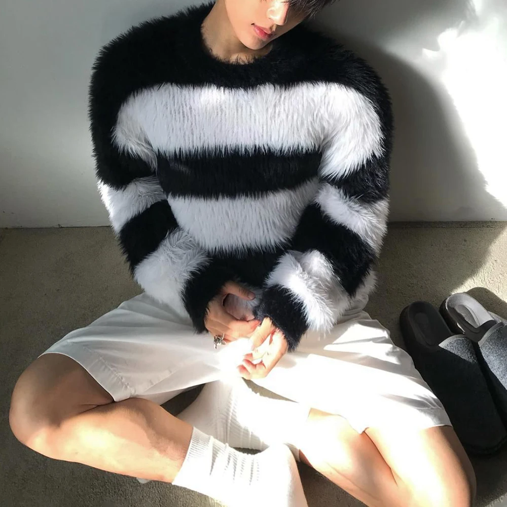 Mens Autumn Winter Y2k Striped Imitation Mink Knitted Sweater 2023 New Essential Casual Comfortable Simple Sweater For Men