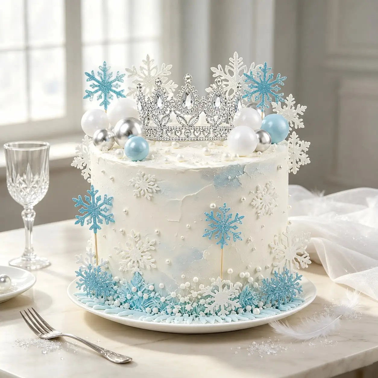 Winter Snowflake Crown Cake Decor Set Blue Silver Ball Cake for Frozen Theme Girls Birthday Party Dessert Cake Decor Supplies view 4