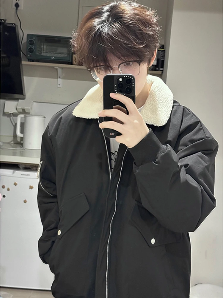 

Bla Lamb Fur Collar Cotton Jaet Men's Winter Thiened ort High Street American Sle Flight Jaet Cotton Workwear Coat