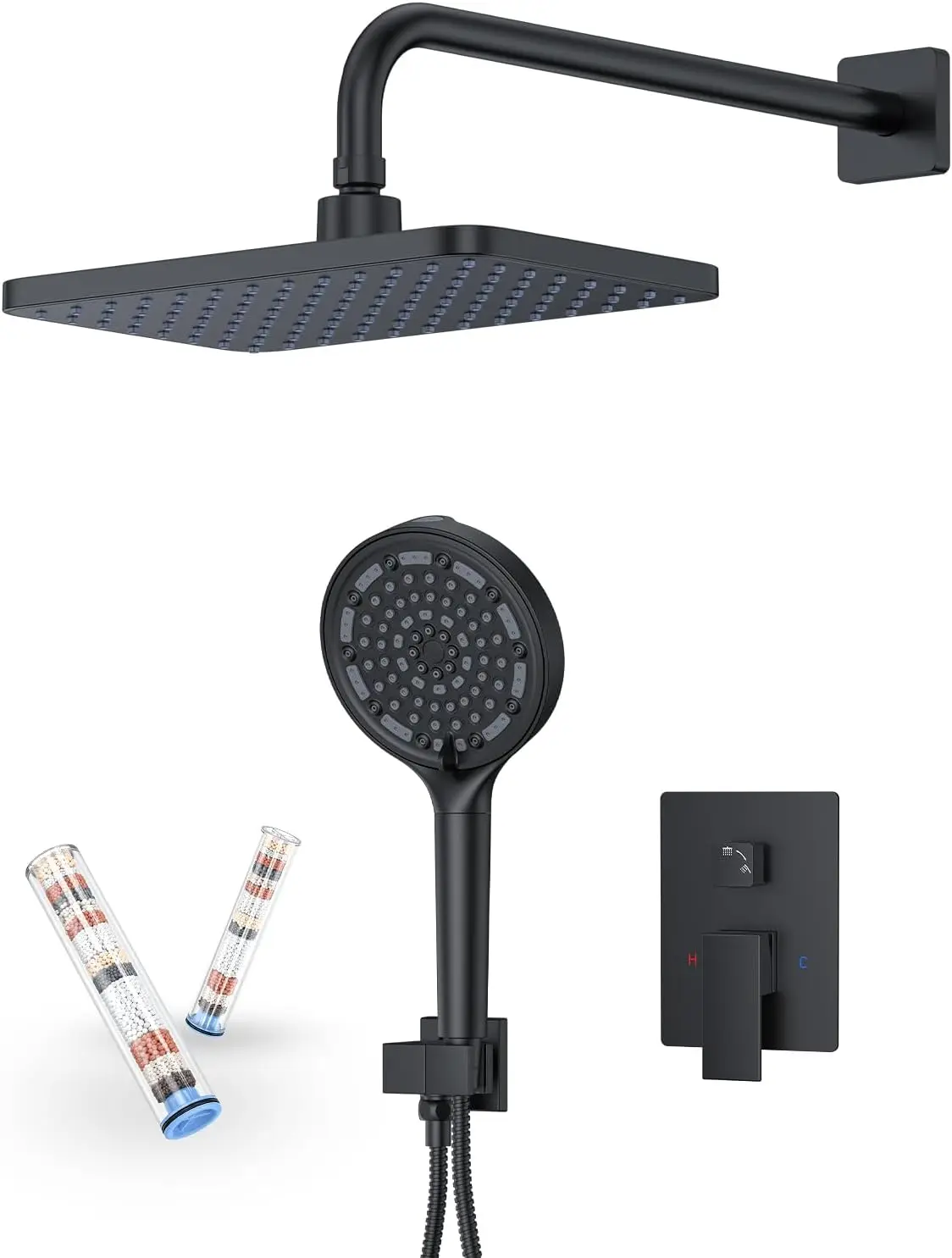 

Matte Black 11-Inch Rainfall Shower System with Filtered Handheld Sprayer & Fixed Head, Complete Bathroom Set