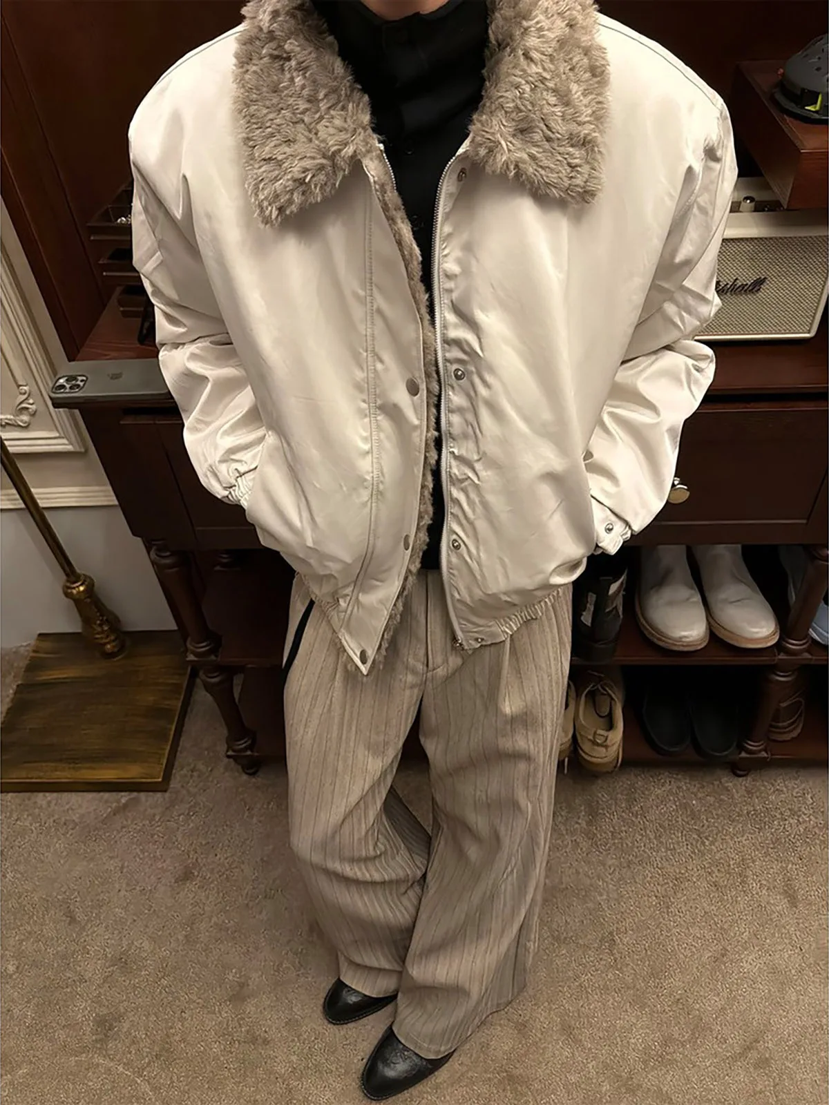 

Barn Sle Thiened Cotton Jaet with Fur Collar for Men Warm Winter Outerwear Cleanfit Trendy Long Sve Button Closure