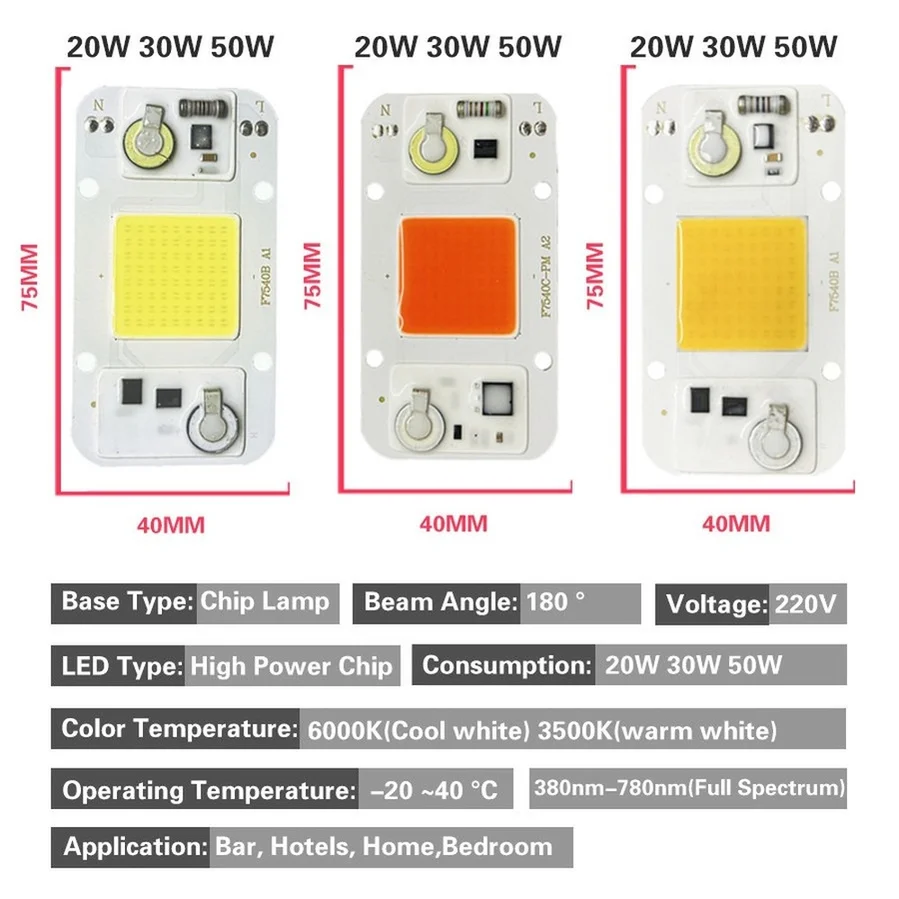 Hydroponice AC 220V 50W 30W 20W Cob Led Grow Light Chip Full Spectrum 370nm-780nm สำหรับในร่มโรงงาน Seedling Grow และดอกไม้