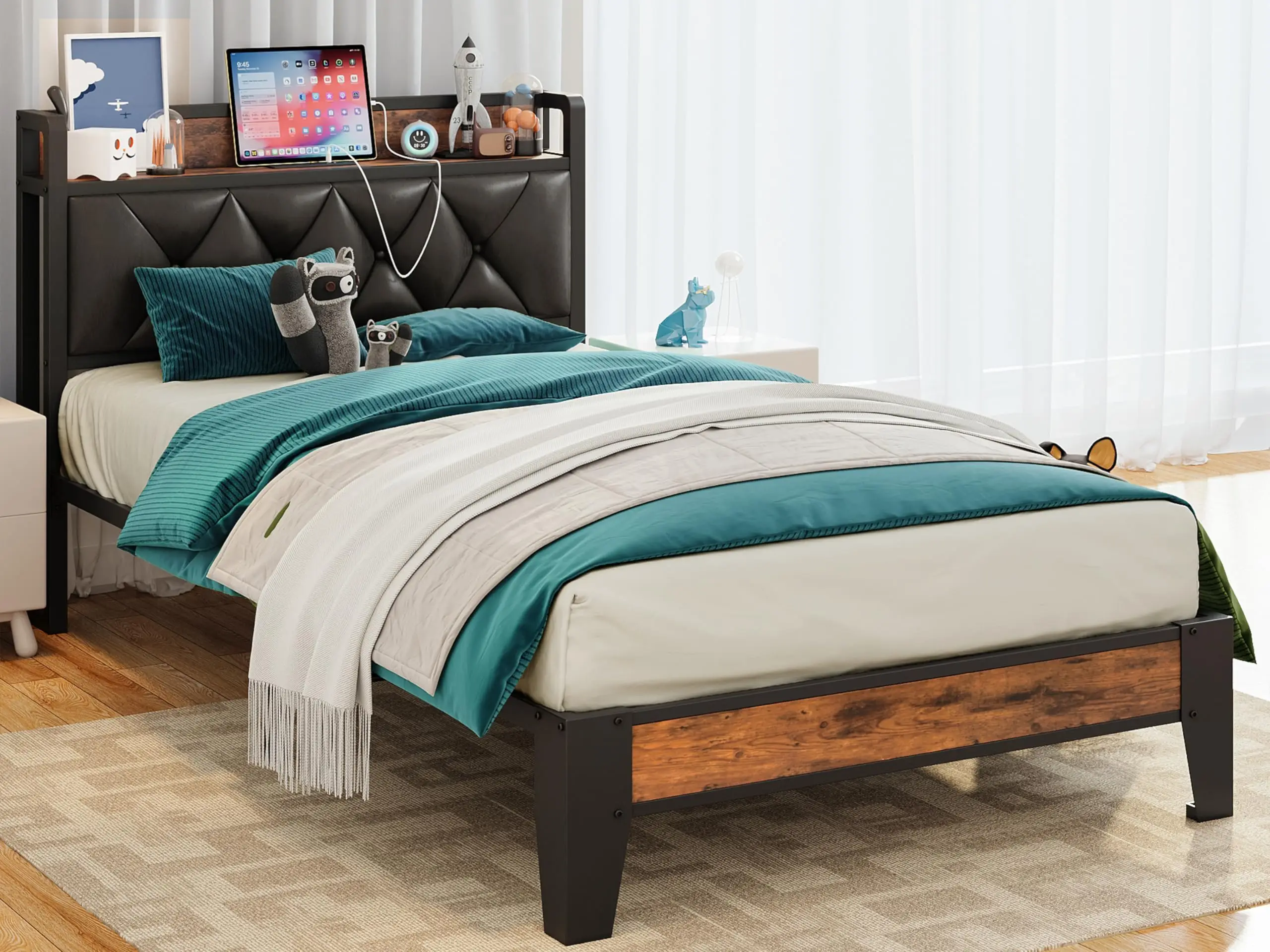 

ANCTOR Bed Frames, Twin Queen CaliforniaKing Size Storage Headboard Outlets Easy Install Sturdy Stable, No Noise No Box Springs