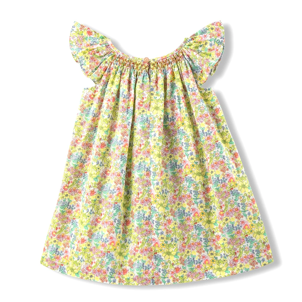 Blumen-Sommerkleid für Mädchen im Alter von 1, 2, 3, 4, 5, 6 Jahren, Smockdesign mit fliegenden Ärmeln, für Babys und Kleinkinder, tägliche süße Kleidung – Detail 3