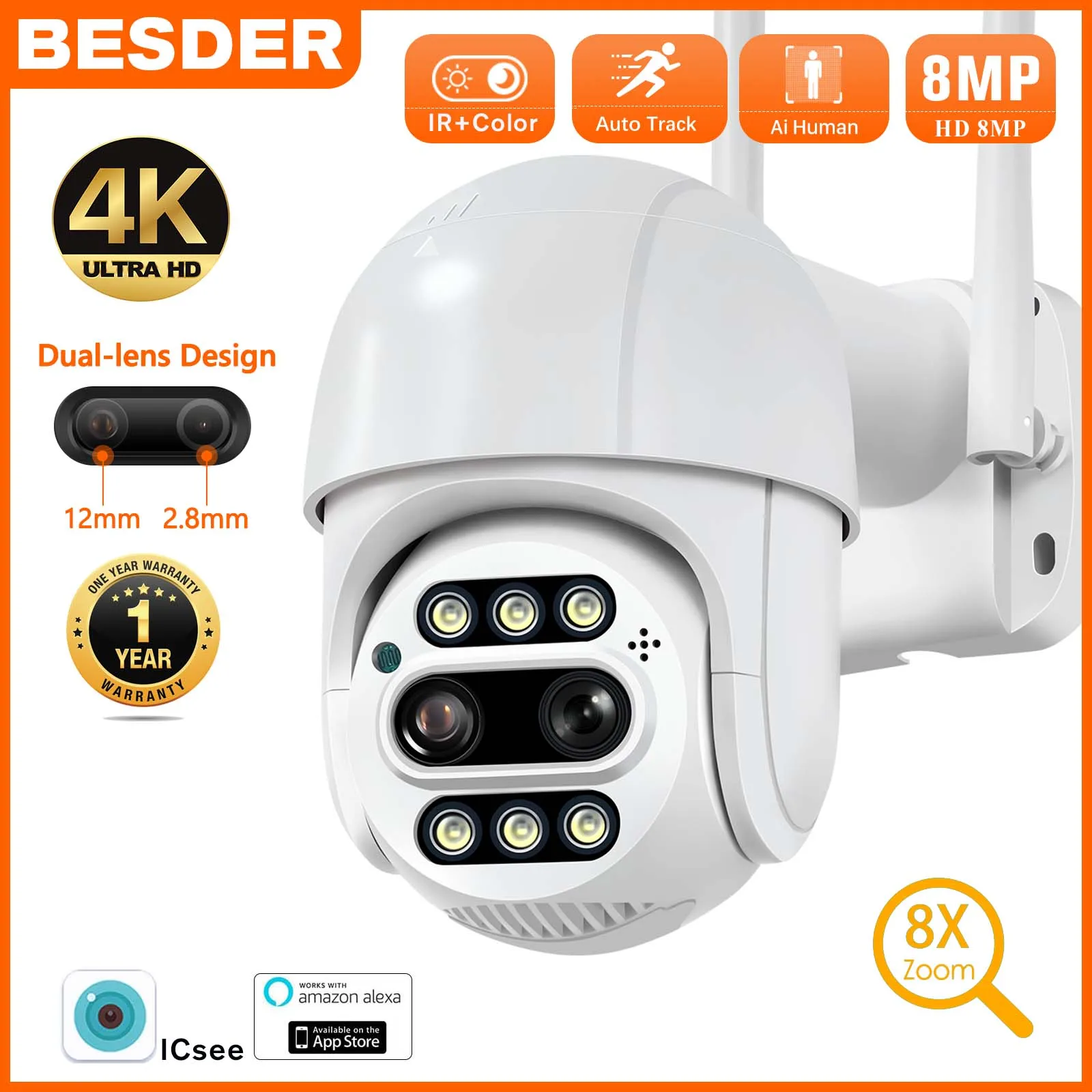 BESDER 8MP PTZ Wifi Camera 8X Digital Zoom AI Person/Animal/Vehicle Detection CCTV Home Surveillance Camera Work With Alexa