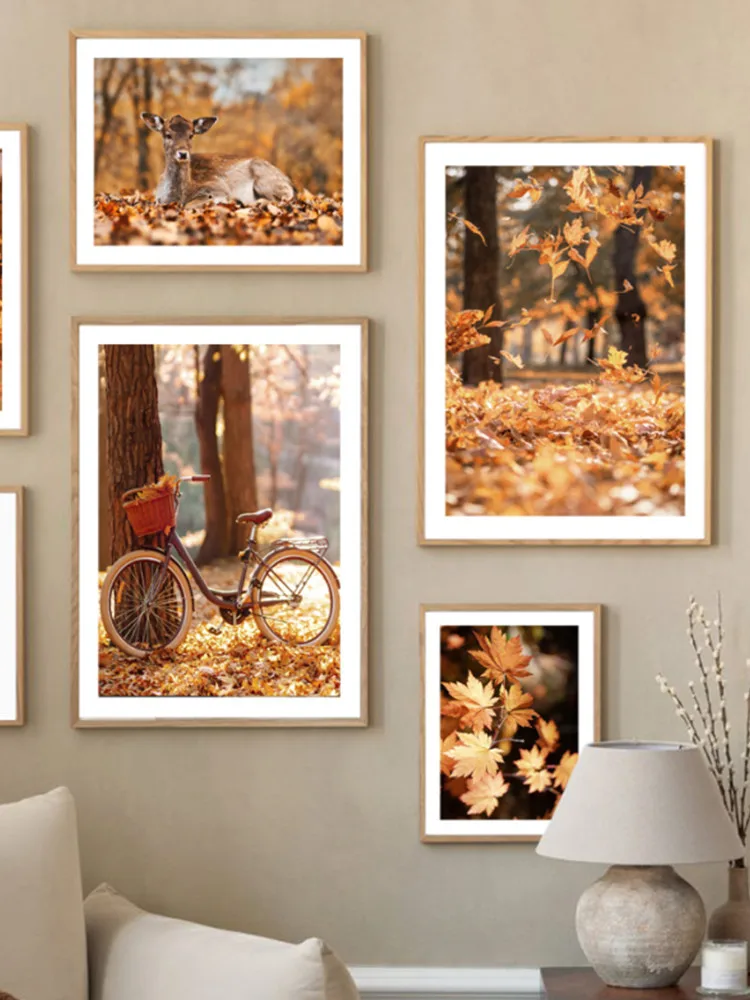 AliExpress Autumn Maple Leaves Bike Camera Fall Deer Posters Prints Canvas Painting Wall Art Pictures For Living Room Home Decor