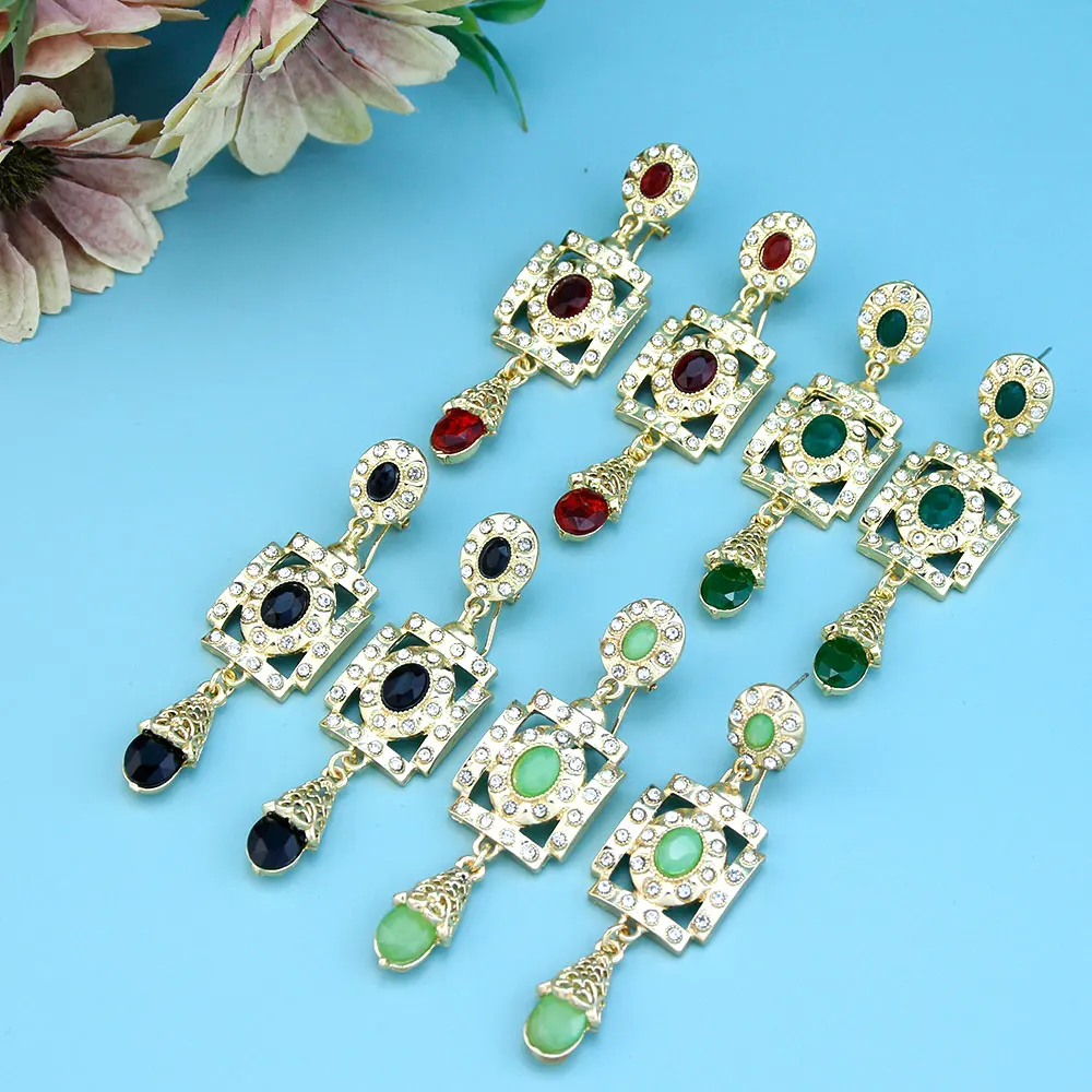 Sunspicems Gold Color Arabic Women Earring Oblong Crystal Drop Earring Morocco Bride Wedding Jewelry Traditional Algeria Bijoux