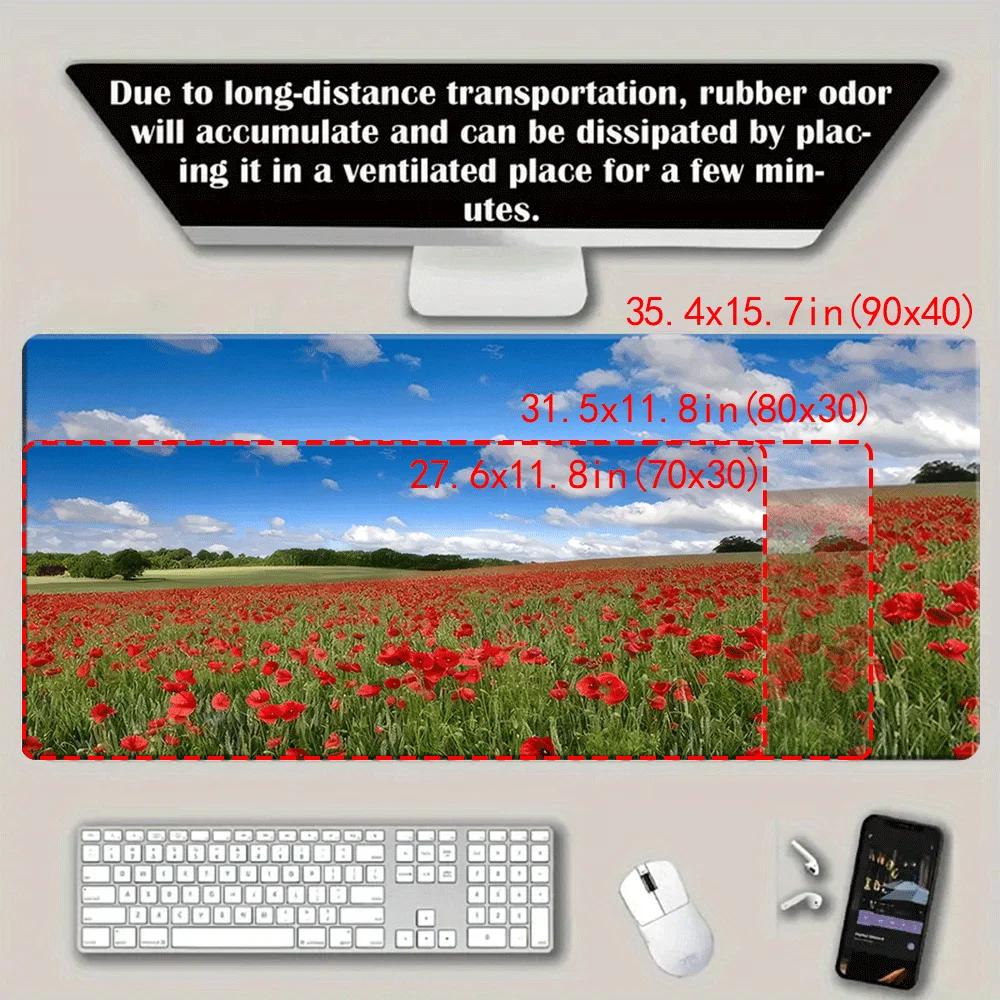 Oversized Mouse Pad Featuring Red Flower Fields Against a Blue Sky, Ideal for Gamers Using Computers And Laptops As Well