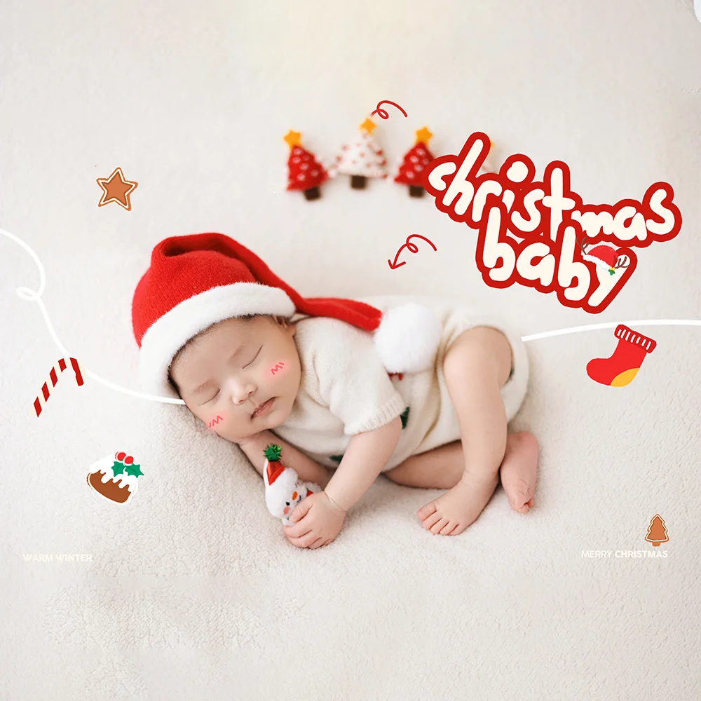 عيد الميلاد موضوع الوليد التصوير الدعائم الطفل محبوك بذلة + سانتا طقم قبعات استوديو الصور أفخم جيوب خلفية الملحقات
