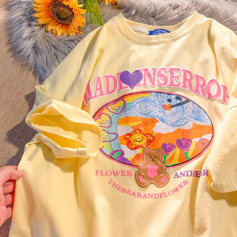 تيشيرت نسائي صيفي Harajuku موديل 2022 مطبوع عليه حروف الدب مطبوع تي شيرت بأكمام قصيرة تي شيرت كبير الحجم للسيدات في سن المراهقة لطيف وجميل