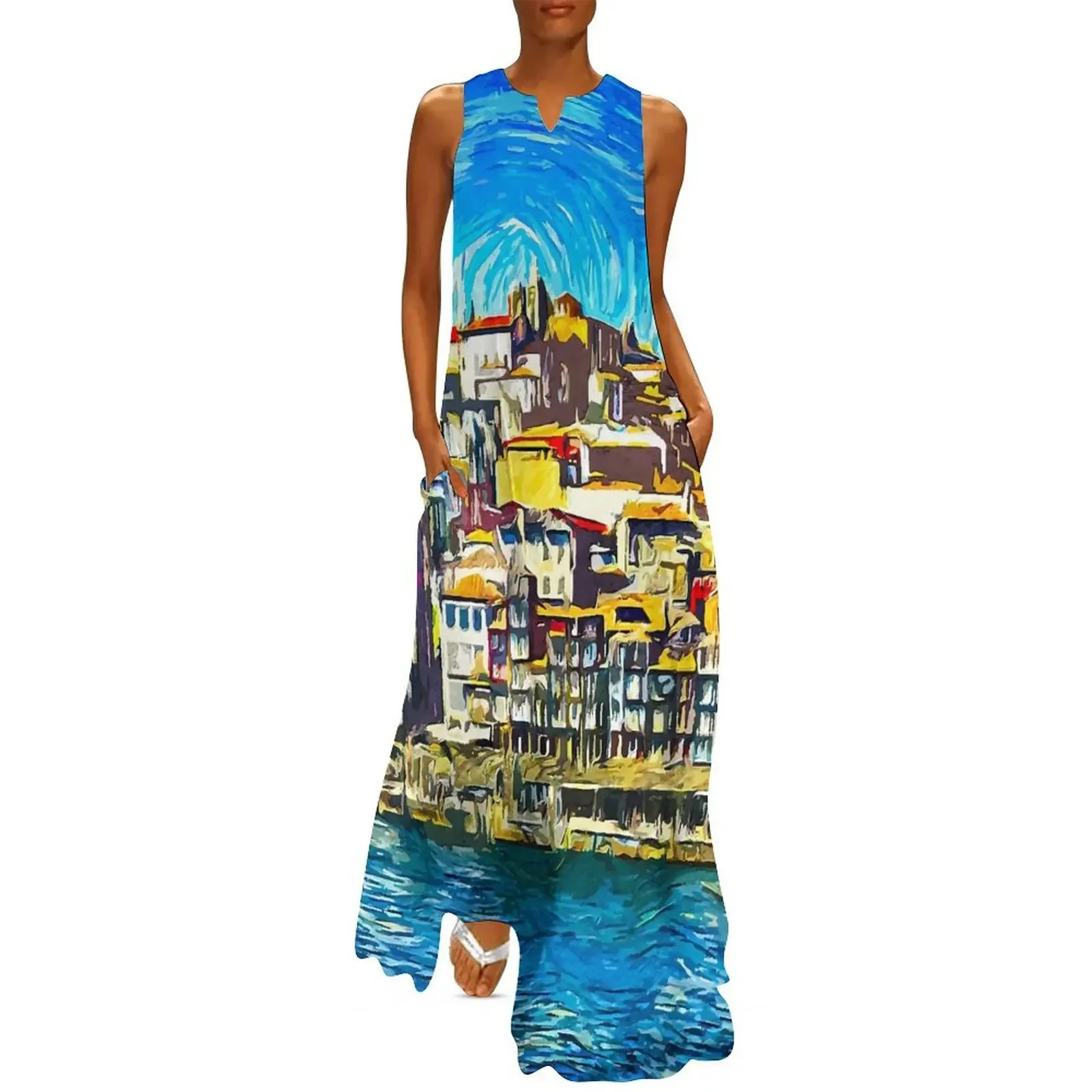 Oil Painting Dress Sexy Sleeveless Party Maxi Dress Streetwear Boho Beach Long Dresses Woman V-Neck Printed Dress Women Vestidos