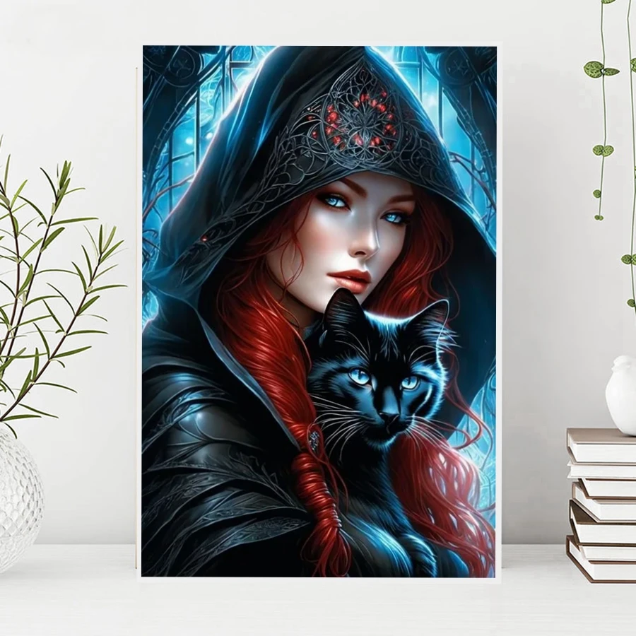 Witch Beauty And Black Cat Halloween Diamond Pinting Art Diy 5d Full Drills Gothic Elf Mosaic Cross Stitch Home Decor Gift