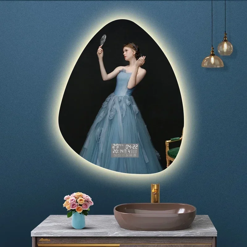 Hotel Cloakroom Vertical Irregular Bathroom Mirror Smart 3 Colors Adjustable LED Multifunction Light with Bluetooth Speaker