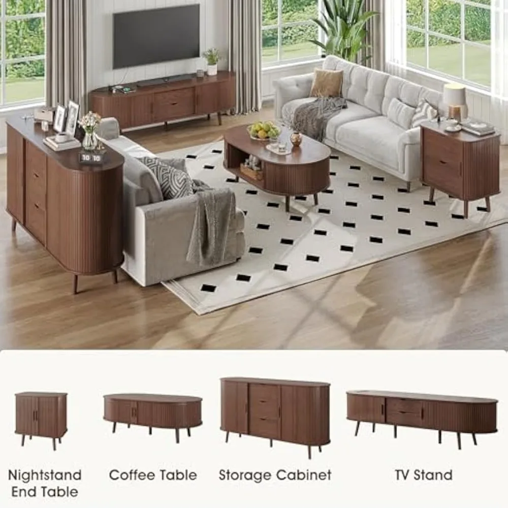 Modern Coffee Table with Sliding Tambour Door, Oval Fluted Coffee Table with Storage, Small Curved Profile Coffee Tables