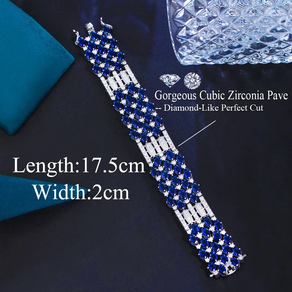 Pera Unique Bamboo Raft Design Royal Blue Oval Cubic Zirconia Big Wide Bracelets Bangle for Women Costume Jewelry Accessory B242