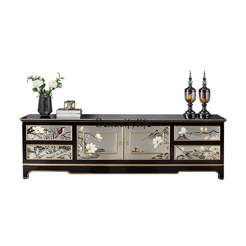 

New Chinese TV Cabinet Modern Simple Small Apartment Living Room Painted Solid Wood Floor Cabinet