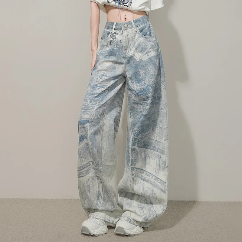 WTHTแฟชั่นผู้หญิงใหม่Tie Dye Washตรงกางเกงยีนส์ 2025 ฤดูร้อนอินเทรนด์สูงเอวกว้างขากว้างกางเกงหญิง 1LS2187