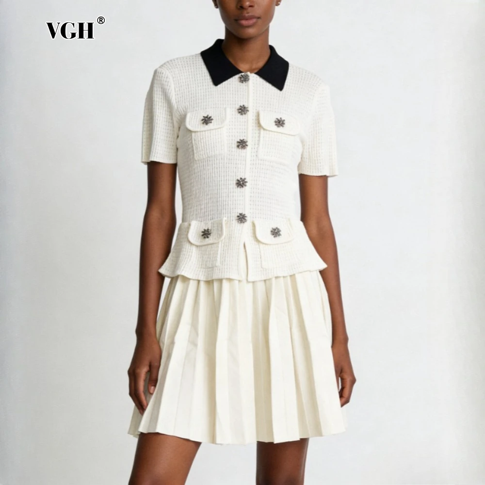 

VGH Solid Loose Spliced Buttons Chic Dresses for Women Lapel Long Sleeve Korean Commute Dress Female Summer Fashion Style New