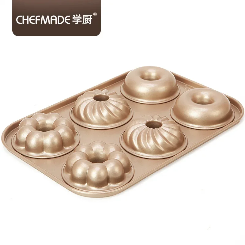 CHEFMADE Keemasan 6 Bahkan Non-Stick Tiga Bunga Kue Cetakan Berat Baja Karbon Oven Baking Roti     Donat 