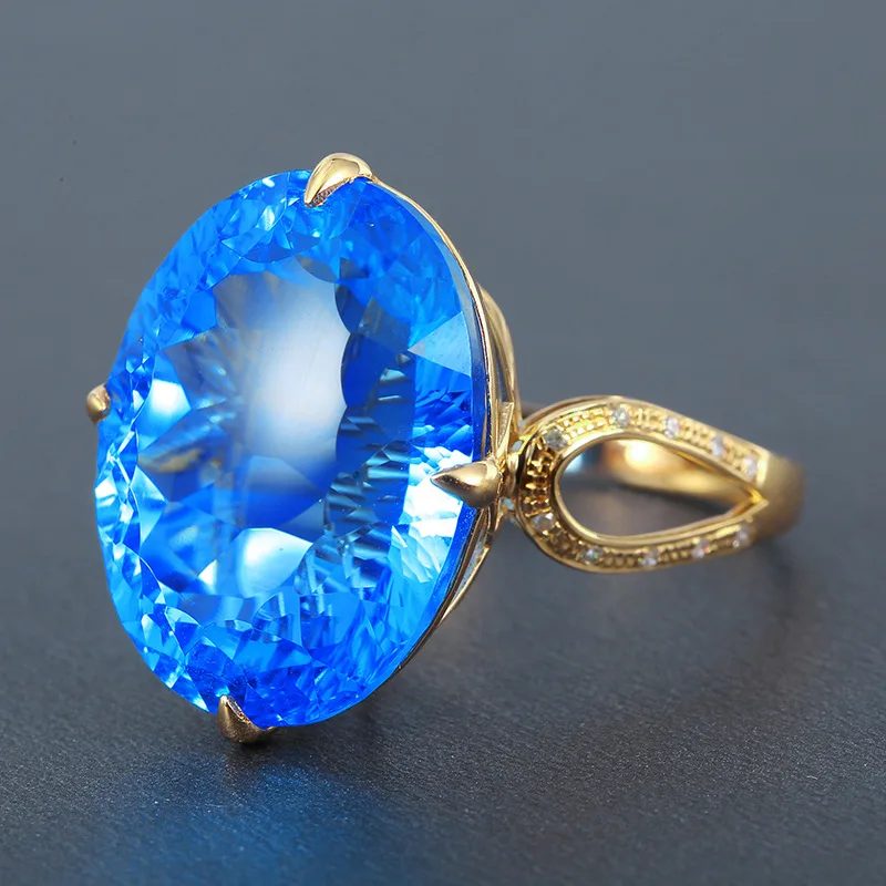 925 Sterling Silver Adjustable Open Ring High End Bird Nest Cut Blue Oval Pigeon Egg Colored Gemstone Luxury Jewelry For Ladies