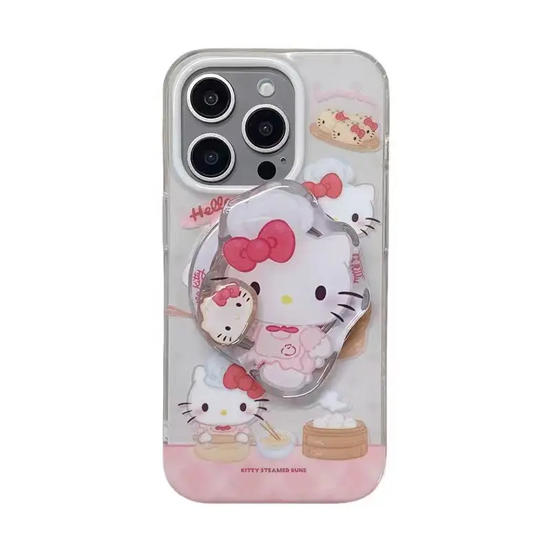 Cute Hello Kitty Dim Sum Phone Case With Matching PopSocket For iPhone 14/15/16/17, Kawaii Pink Clear Shockproof Protective Cove - view 5