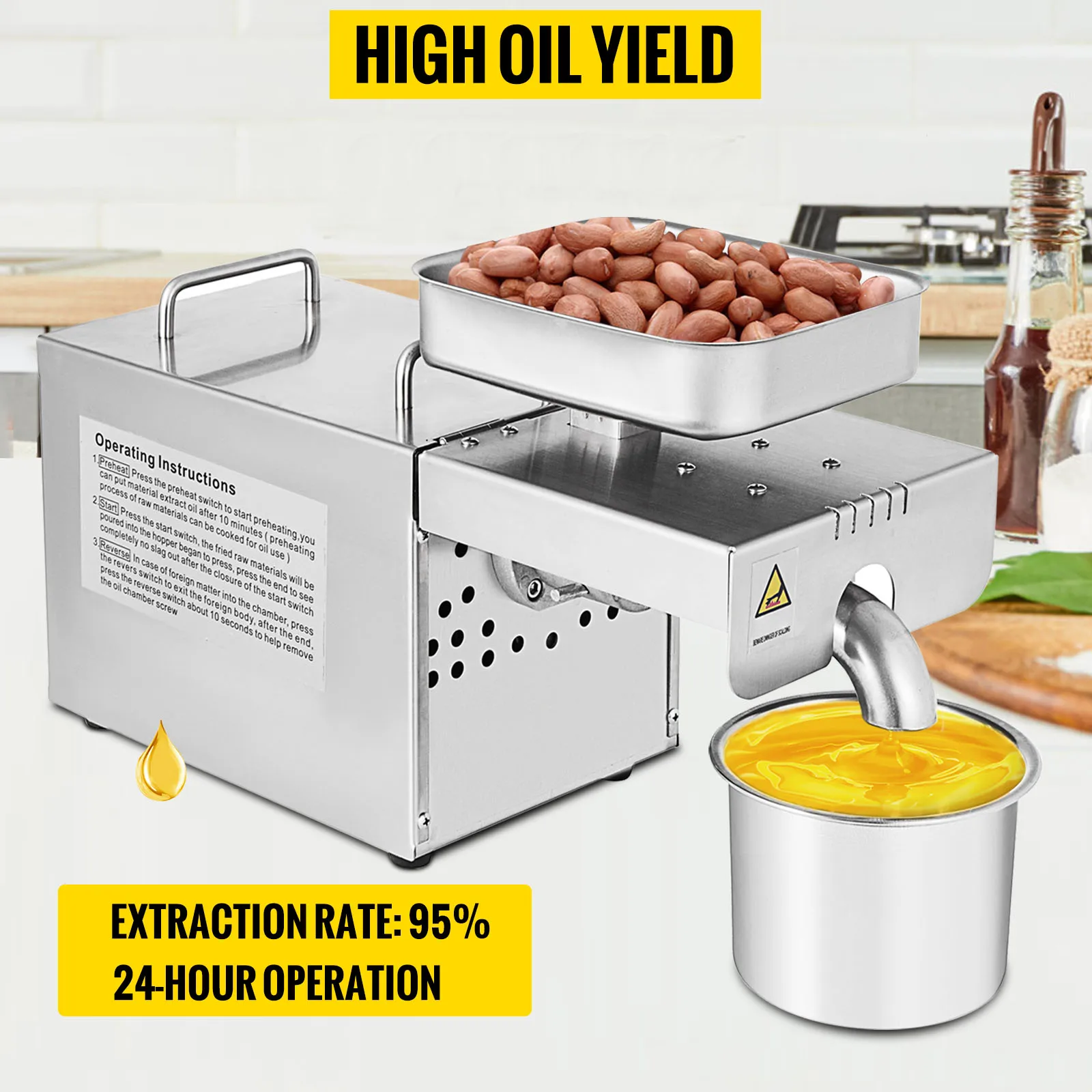 VEVOR Prensa de Aceite Automática, 500 W 220 V 60 Hz Máquina de Prensa de Aceite, Velocidad de 2,7 - 6,3 kg / h Extractor de Aceite de Acero Inoxidable para Nueces de Maní Semillas de Sésamo Maíz Soja