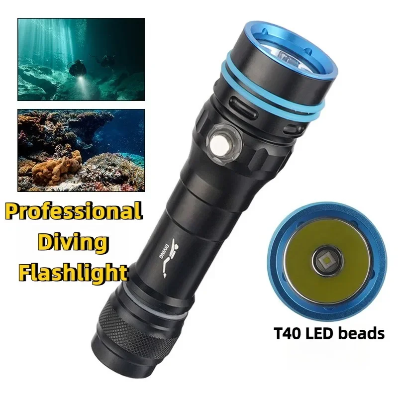 Super Bright Diving Flashlight Rechargeable 4 Lighting Modes & Power Indicator Waterproof Torch for Deep Sea Diving Fishing