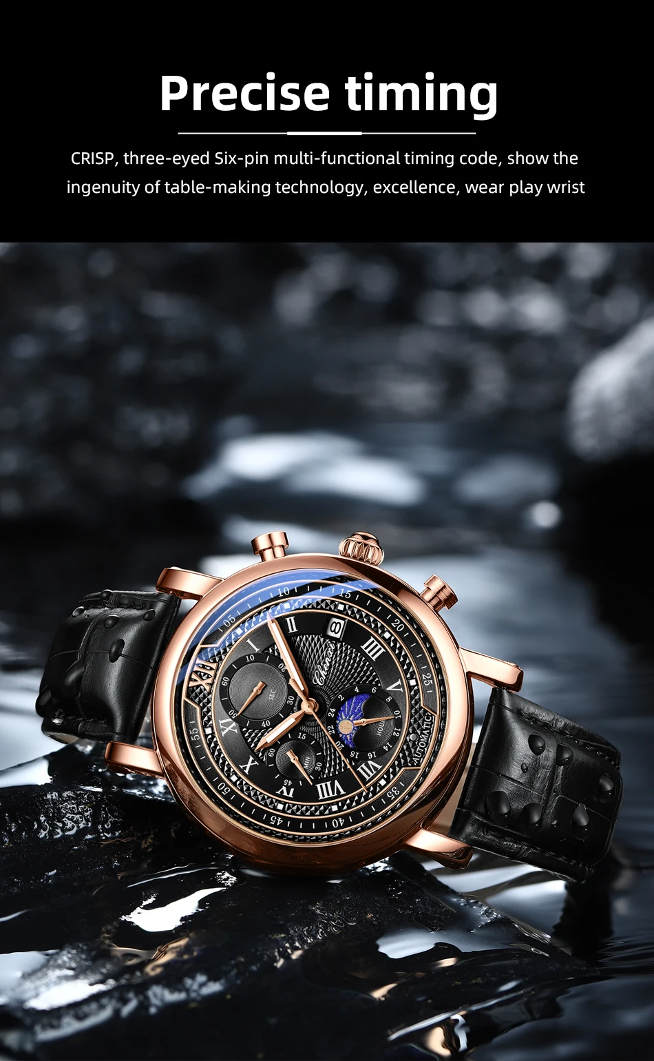 Chenxi 976 Leather Chronograph Date Men's Phase Of The Moon Timing Business Luminous Quartz Watch Relojes Para Hombres