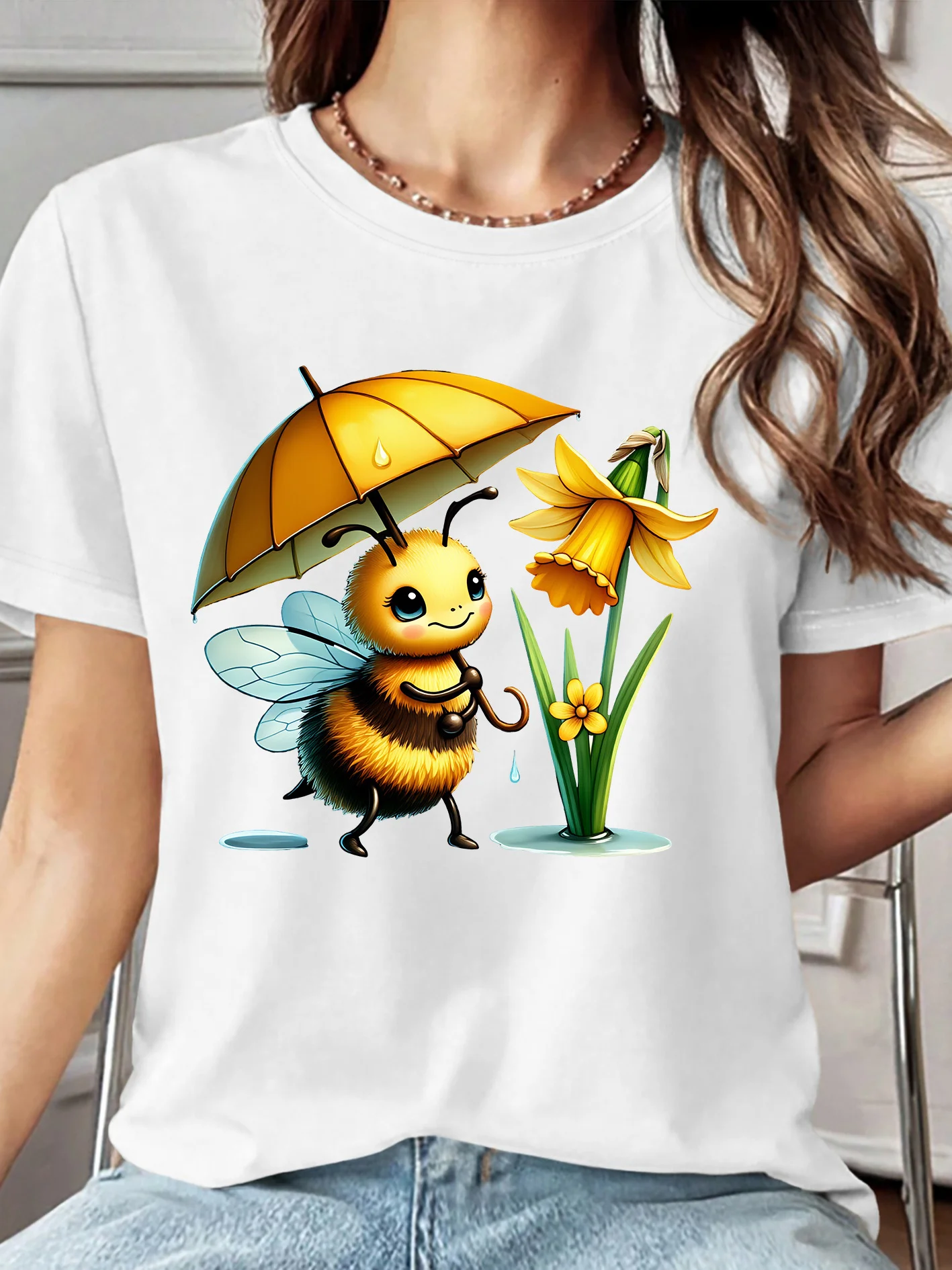 Cute Bee Floral Print Round Neck Skin Friendly Soft Summer Personality Funny Casual Trend Daily Women's Streetwear