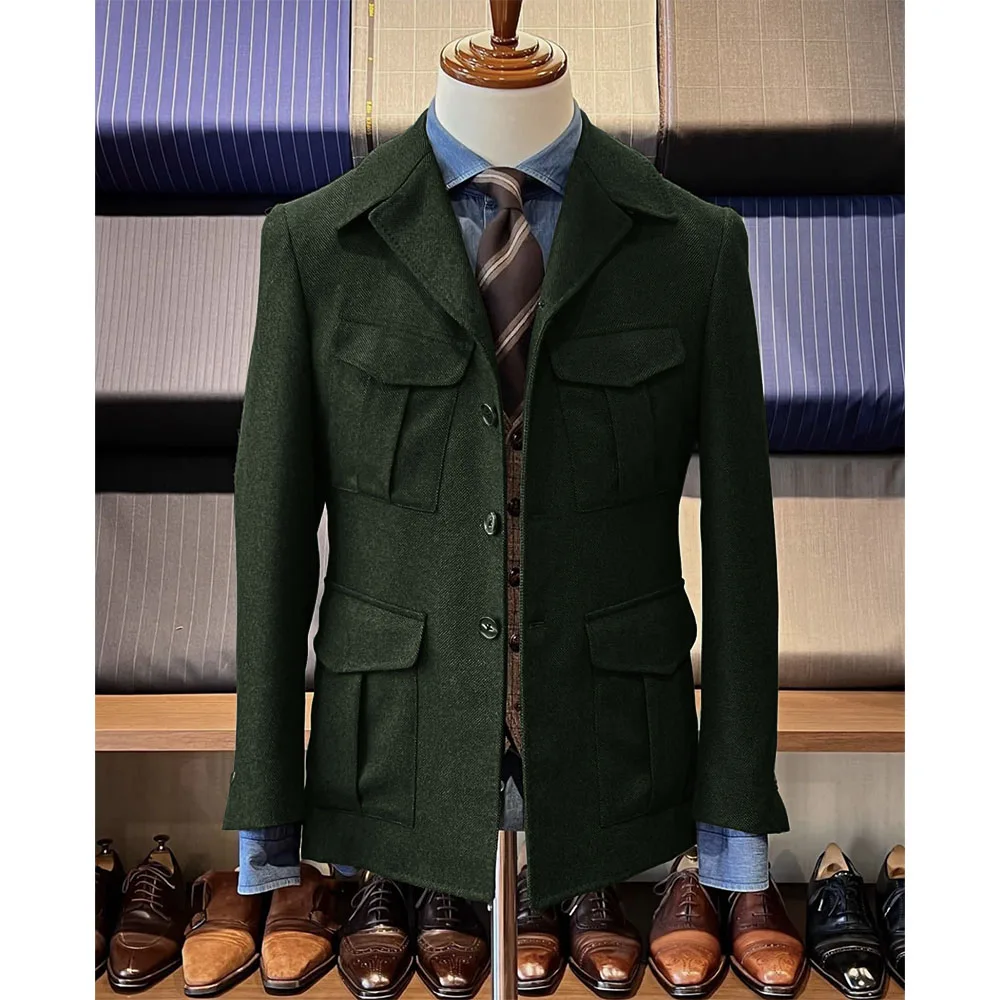 Chaqueta de caza de espiga para hombre, Blazer informal con 4 bolsillos, diseño de moda, Blazer de Tweed Vintage, botonadura única, trabajo cómodo