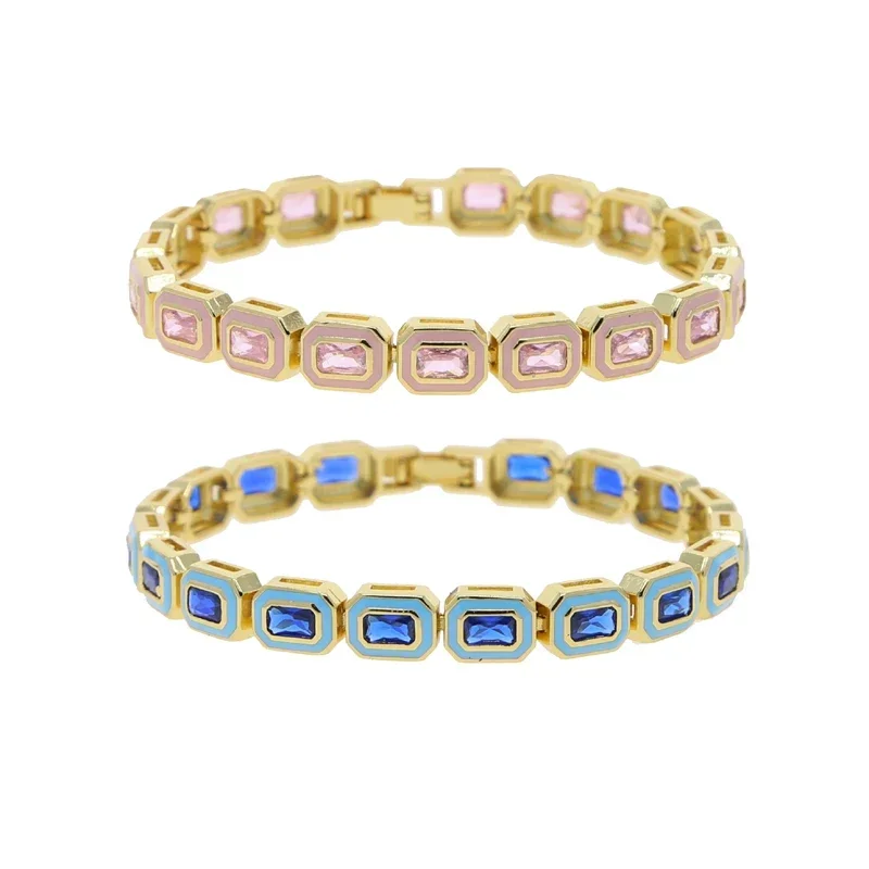 2025 New Arrived Colorful Geometric Square Bezel Set Blue Pink Cubic Zirconia CZ With Enamel Tennis Bracelet Jewelry For Women