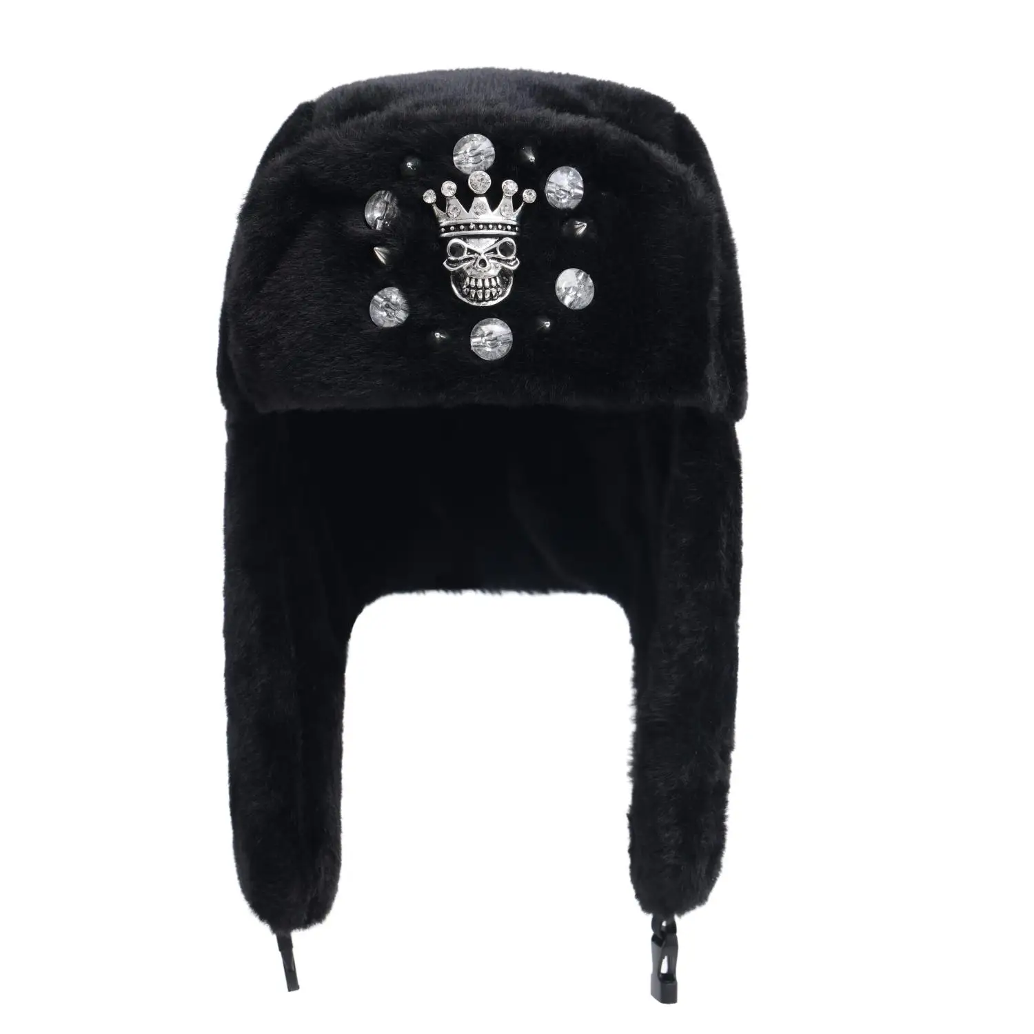 Europäische und amerikanische Street-Fashion: Personalisierte, diamantbesetzte Metall-Totenkopf-Verzierte Pilotenmütze, Unisex, für alle Jahreszeiten geeignet, Hip-Hop-Rock-Stil Trapper-Mütze – Detail 2