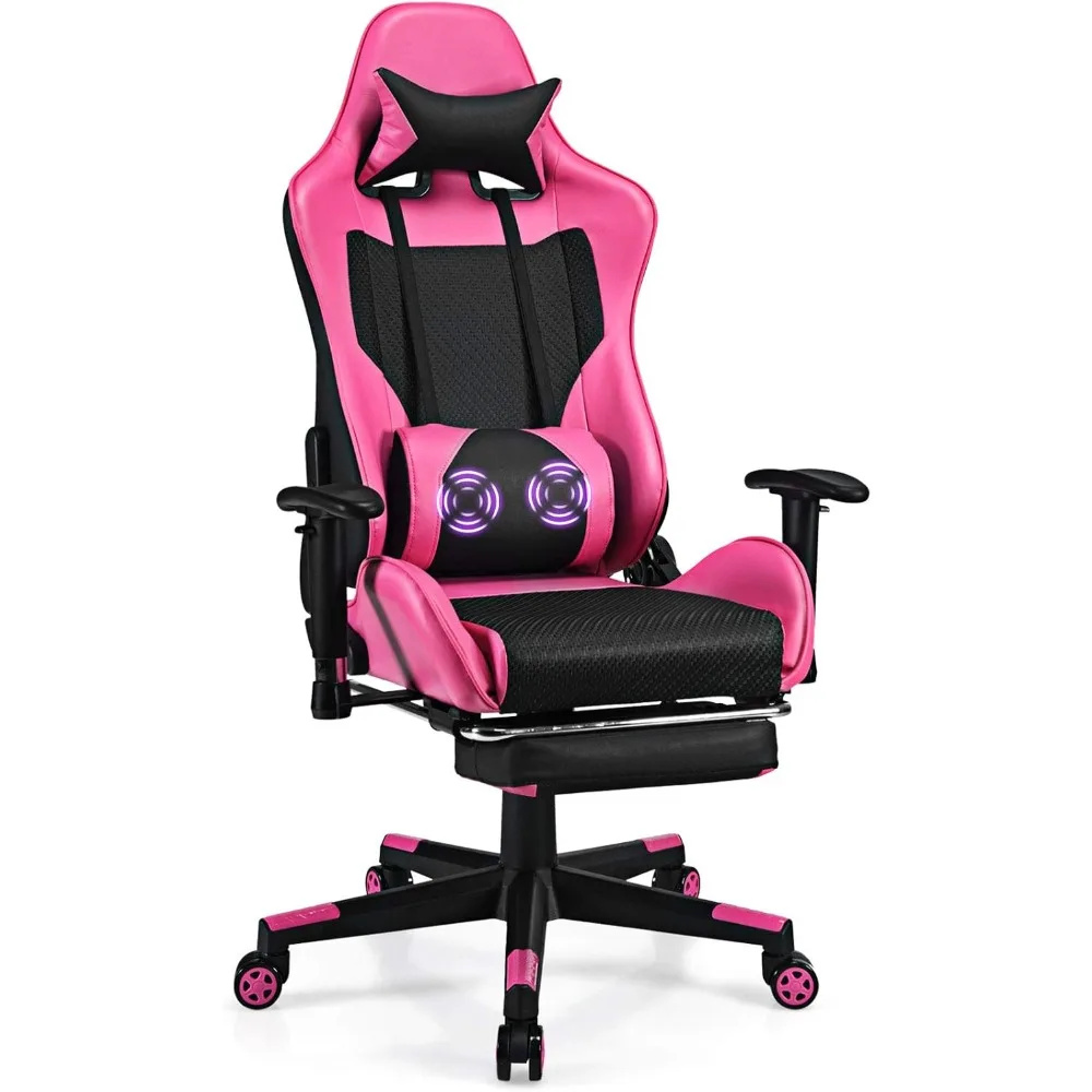 

Massage Gaming Chair Pink, Ergonomic Video Game Chair with Footrest, High Back E-Sport Computer Chair with Headrest & Massager