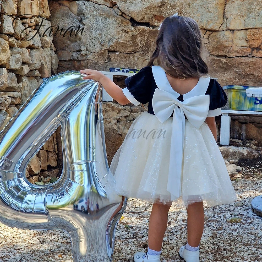 Vestido de flor em patchwork para meninas, manga curta, arco vintage, vestido de aniversário infantil