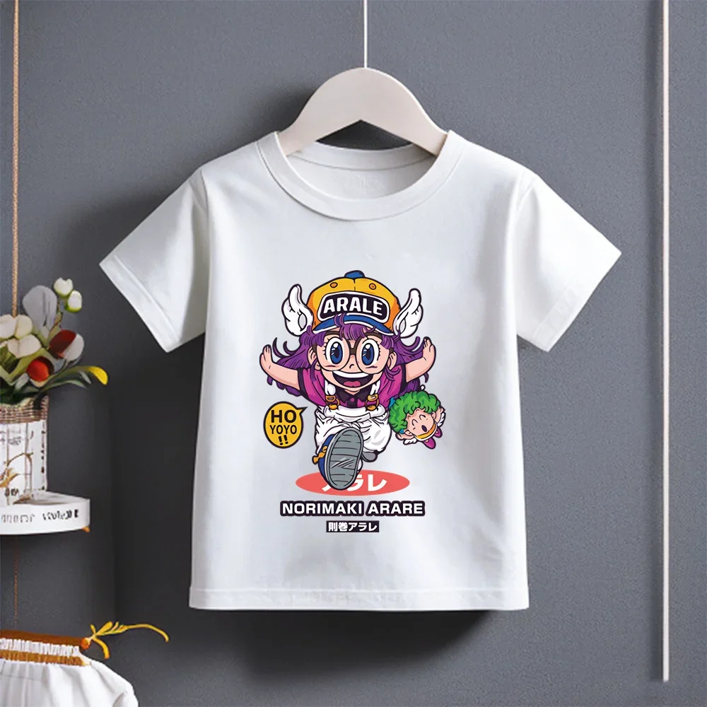 Summer 2024 New Arale Comic Cartoon Print T-shirt Boys Girls Cotton Casual Stylish Short Sleeve Kids Wear