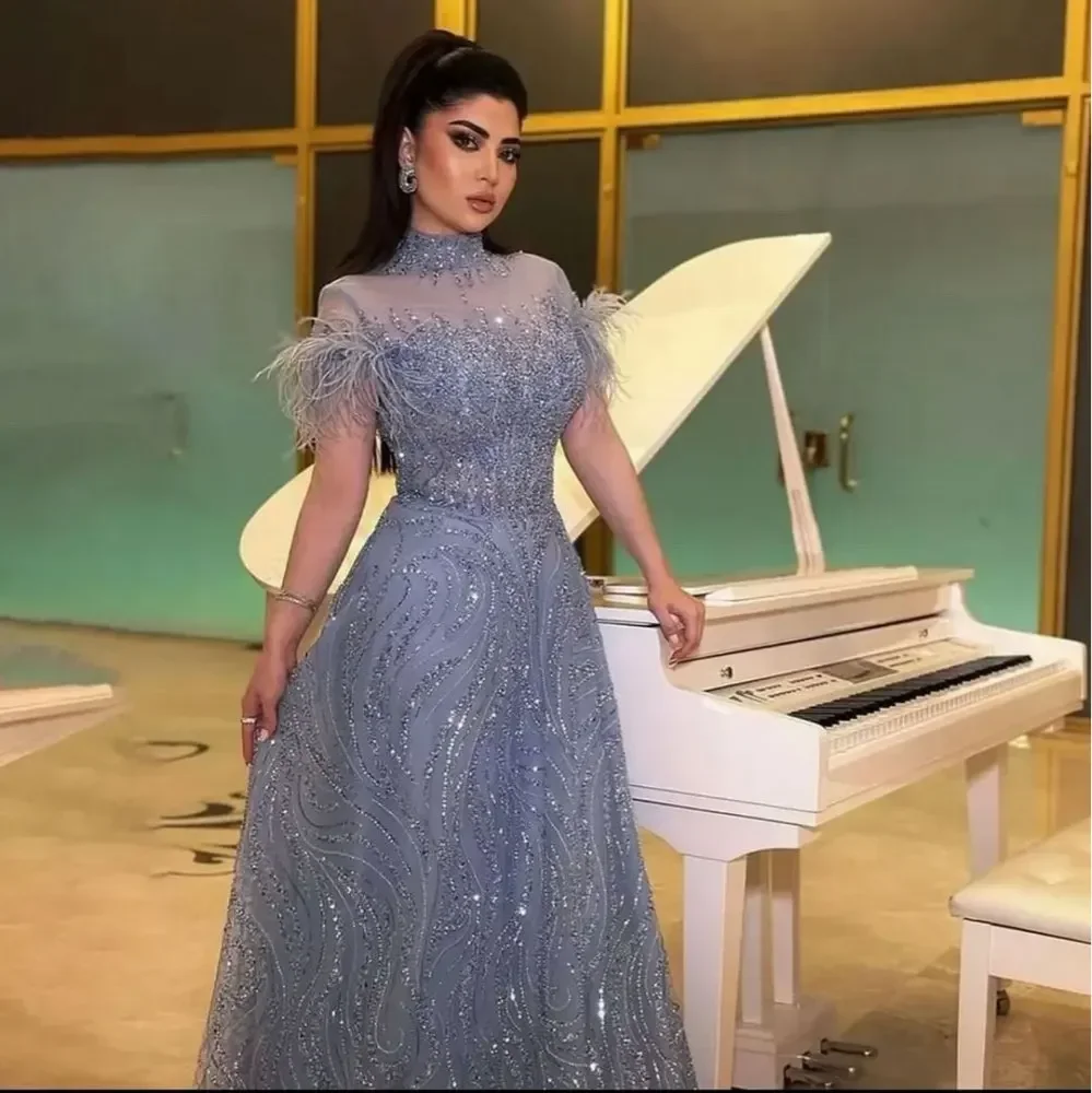 Baby Blue Evening Dresses Short Sleeves High Neck Pleated Beading Prom Party Gown Saudi Arabia Floor Length Middle East 2024