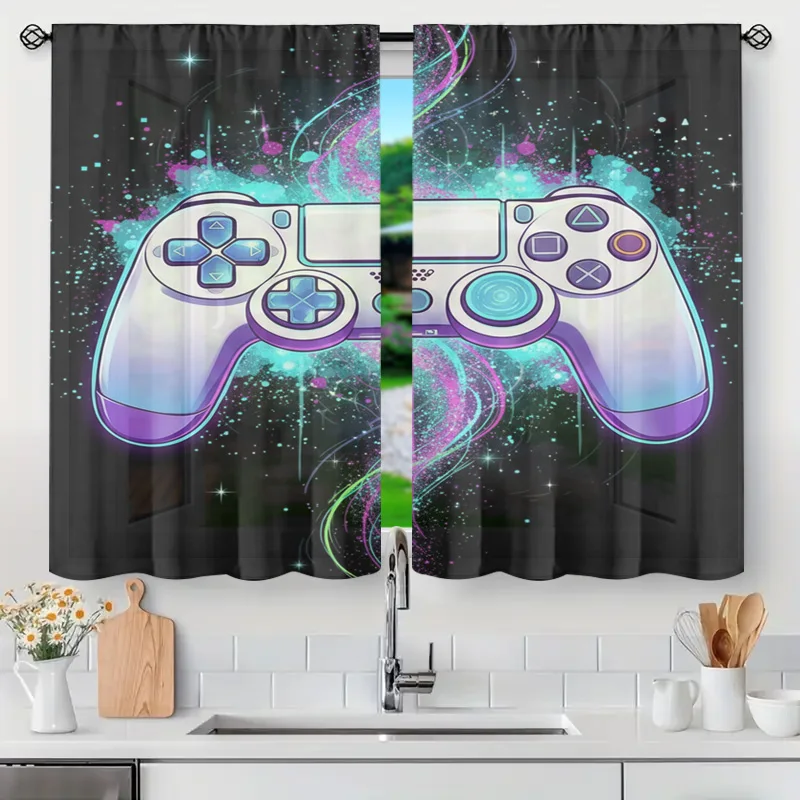 Video Game Controller Neon Glow Curtains Window Drapes Futuristic Gaming Tech Decor Translucent Light Filtering Curtain Panel