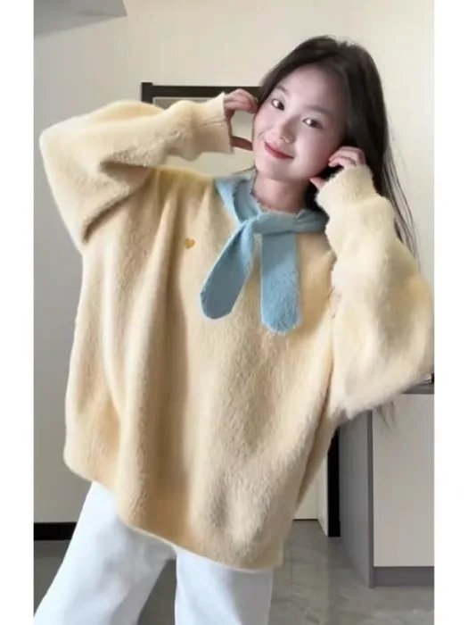 

Korean Sle Yellow Faux Fur Sweater Women's Inner Knitted Top Lazy High-End Feeling Early Autumn Winter Aosphere Sense Dre...