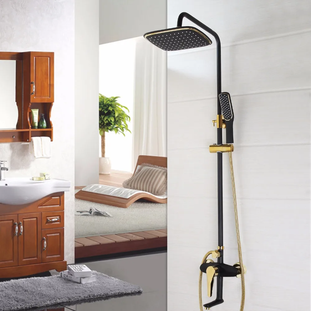 Bathroom Black Shower Set Wall Mounted douche black gold Rainfall Shower Mixer Tap Faucet 3-functions Mixer Valve Good Quality